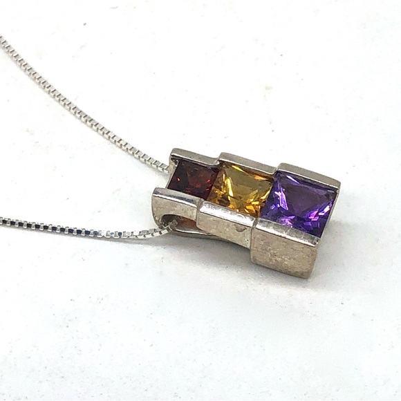 Vtg Gemstone Pendant Necklace 925 Sterling Silver Amethyst Citrine Garnet Box - Picture 1 of 8